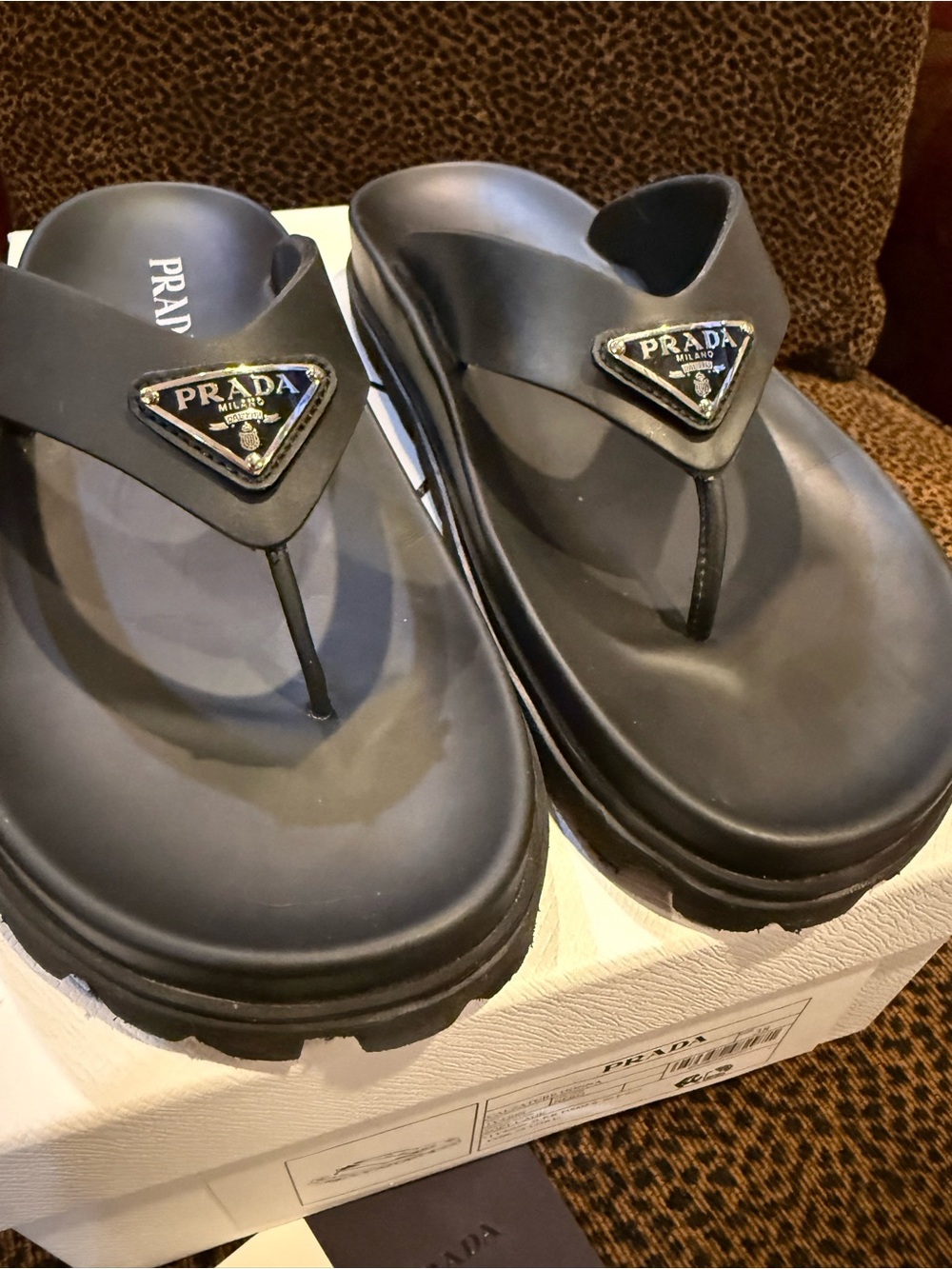 Prada Black Platform Logo Triangle Thong Sandals